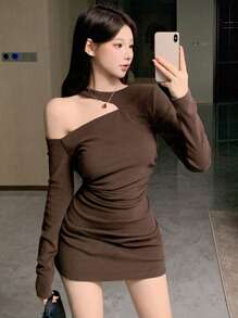 DAZY 女式不对称迷你长袖连衣裙，秋季服装