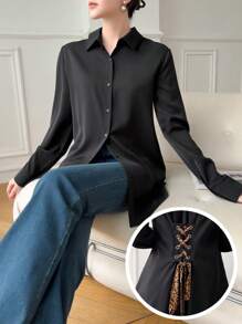 Modelyn 女士纯色前扣豹纹后系带优雅长袖黑色衬衫 - 黑色 - 查看 3