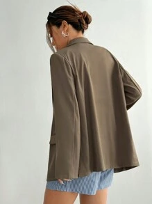 SHEIN Unity Women Spring Autumn Lapel Collar Long Sleeve Loose Casual Solid Color Blazer Jacket - Khaki - View 2
