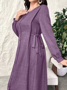 Al Najma Đầm Ả Rập giản dị tay dài đơn giản cổ tròn thắt nút bên hông màu trơn cho nữ - Màu tím - Xem 3