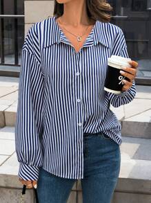 Plus Size Casual Striped Dropped Shoulder Long Sleeve Shirt - 藍白色 - 查看 3