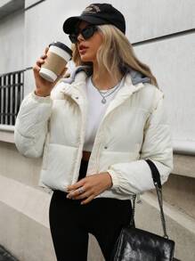 Aveloria Abrigo de invierno de mujer con mangas desmontables, holgado, en forma de O, con relleno acolchado de aislamiento sintético de color contrastante - Albaricoque - Ver 7