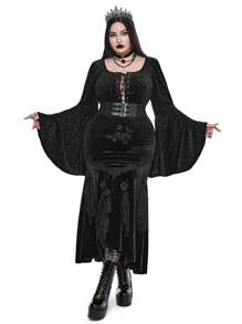 Flirla Goth Punk Plus Size Women Dark Punk Gothic Floral Lace Trim Tied Flare Sleeve Sexy Retro Vintage Corset Style T-Shirt, Halloween - Black - View 3