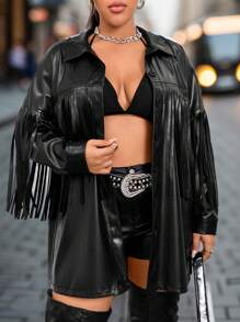 Flirla Chaqueta de manga larga con flecos de piel sintética de talla grande - Negro - Ver 1