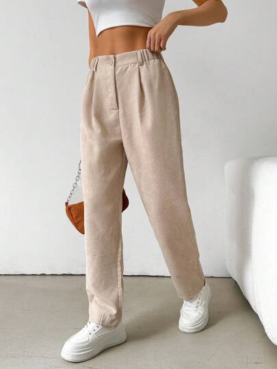 SHEIN EZwear Pantalones de lápiz informales plisados de pana de unicolor para mujeres