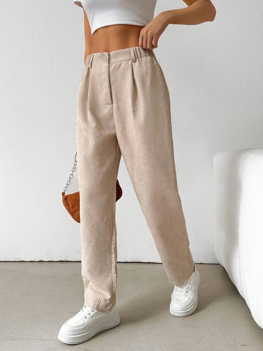 SHEIN EZwear Quần bút chì nhung kẻ xếp ly đơn sắc thường ngày cho nữ - Màu Khaki - Xem 1