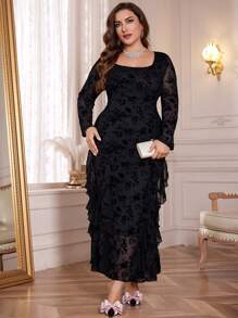 Modelyn 大码女式花卉网眼拼接荷叶边领长袖优雅连衣裙，优雅 A 字裙，适合晚会/婚礼嘉宾/周年纪念日长款女式装长款晚礼服 - 黑色 - 查看 1