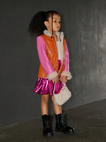 SHEIN Explorewe Y2K 风格甜美时尚女孩保暖内衬短夹克，橙色和粉色拼布设计，适合冬季、街头、派对、宴会和防风