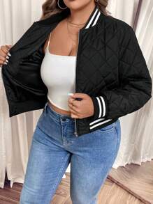 SHEIN VCAY Manteau matelassé casual à col montant, manches longues, rayé, grande taille, pour femme, en hiver