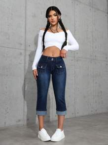 SHEIN EZwear Quần Capri denim Cargo thường ngày cho nữ có gấu quần bo gấu - Rửa tối - Xem 7