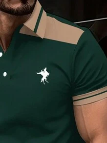 Manfinity Dauomo Men's Casual Contrast Color Patchwork Polo Shirt, Summer - Green - View 5