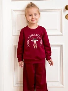 PrepCrw Young Girls' Red Deer Print Knit Loose Crew Neck Long Sleeve Pullover Sweatshirt, Back To School Season, Autumn/Winter