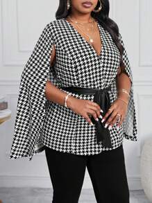 SHEIN Lady Áo khoác công sở thanh lịch mùa thu đông cổ chữ V đan họa tiết răng sói đen trắng tay dài có thắt lưng cỡ lớn - Đen và trắng - Xem 1