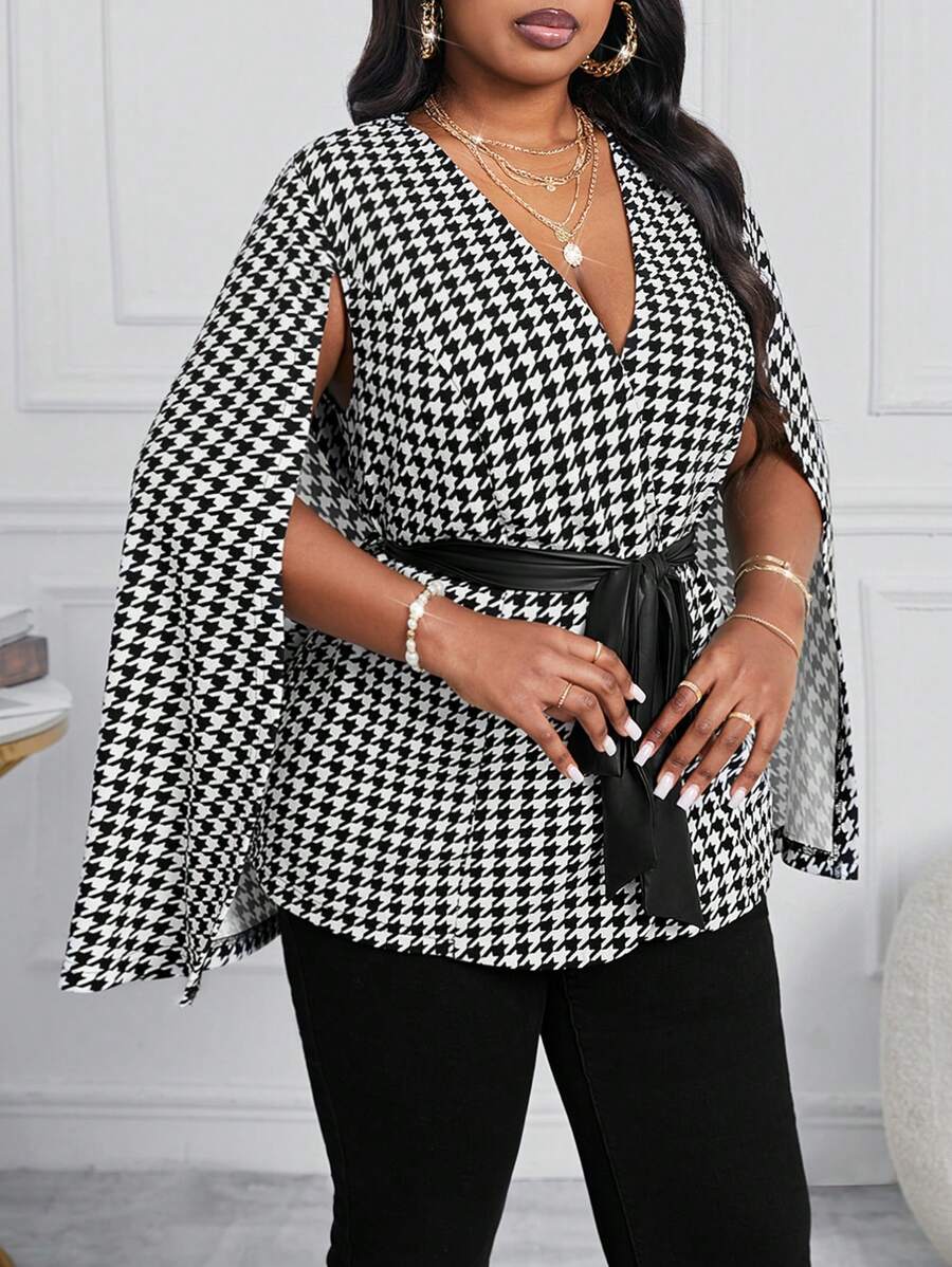 SHEIN Lady Áo khoác công sở thanh lịch mùa thu đông cổ chữ V đan họa tiết răng sói đen trắng tay dài có thắt lưng cỡ lớn - Đen và trắng - Xem 1