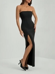 SHEIN Tall Women's Plain Split Bodice Summer Dress - Black - View 6