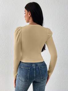 SHEIN Privé 女士时尚休闲优雅通勤豹纹荷叶边袖修身长袖 T 恤，秋季 T 恤秋季女式上衣长袖女式上衣外出上衣 - 卡其色 - 查看 2
