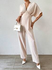 SHEIN Privé Deep V-Neck Ruched Waist Batwing Sleeve Elegant Office Jumpsuit
