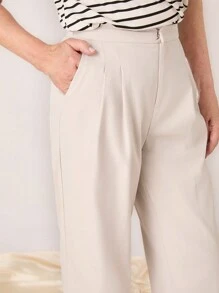 SHEIN LUNE Women Casual Solid Straight Leg Pants - Beige - View 4