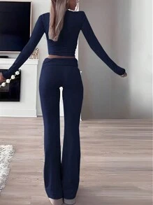 INAWLY 2 件套女士休闲纯色圆领长袖 T 恤和喇叭裤套装，春夏 - 藏蓝色 - 查看 6