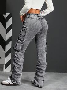 SHEIN PETITE Distressed Washed Ruched Cargo Denim Jeans - Grey - View 2