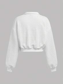 SHEIN Girlism Áo nỉ ngắn có khóa kéo cổ đứng dệt kim màu trắng trơn thường ngày dành cho bé gái tuổi teen - trắng - Xem 3