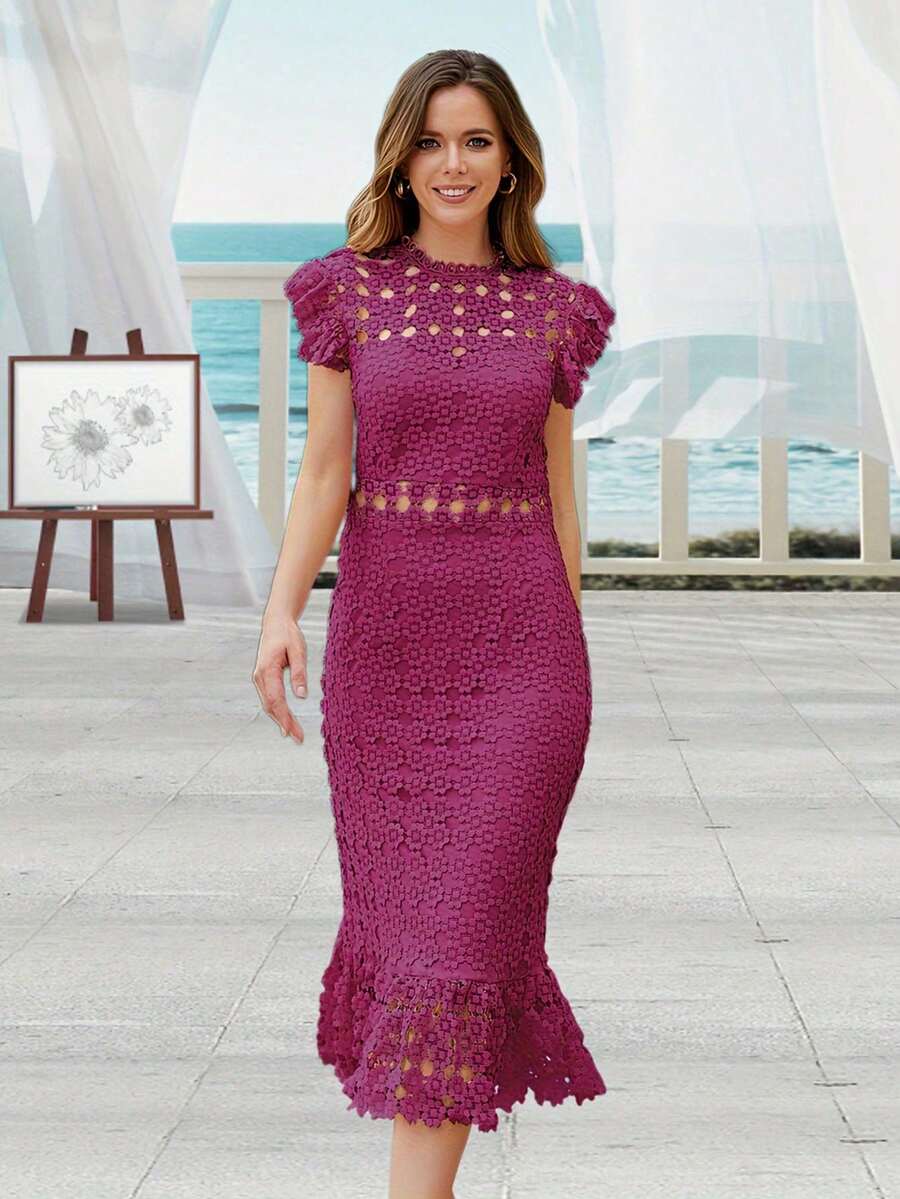 Vestido midi elegante de unicolor con cuello redondo, manga corta y bajo con volantes, vestido de fiesta, vestido de gala, vestido formal, vestido de invitada de boda