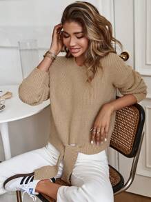 Chiquease Suéter casual suelto de cuello redondo, manga larga y hombros caídos de unicolor para mujeres, otoño e invierno