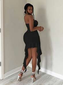 SHEIN SXY 女士简约纯色日常穿着筒状荷叶边下摆连衣裙适合约会之夜、生日、单身派对装、休闲、购物、外出、度假、海滩，