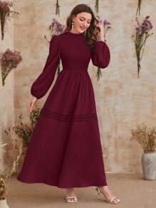 Modelyn Burgundy Red Women's Fall Round Neck Long Sleeve Solid Color Casual Elegant Autumn Dress