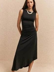 Poéselle Robe midi évasée sans manches à col ras-du-cou unie pour femmes, vêtement chic et essentiel sans effort, élégante Bridgerton