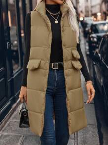 SHEIN LUNE 女士立领绗缝加厚长款背心夹克，秋冬季保暖服装 - 卡其色 - 查看 4