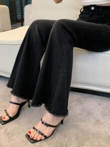 DAZY 女式复古高腰喇叭形破洞下摆黑色紧身牛仔裤 - 黑色 - 查看 5