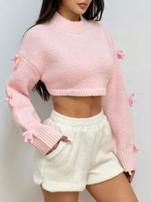 Flirla Áo len nữ cổ tròn tay dài thắt nơ phía trước, kiểu dáng đơn giản, chất liệu trơn, thích hợp mặc mùa thu đông. - Màu Hồng baby - Xem 4