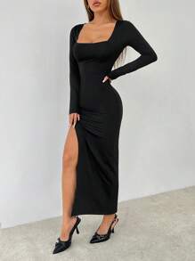 SHEIN PETITE Đầm dài tay xẻ cao màu trơn màu đen cho nữ - màu đen - Xem 6