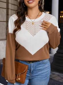 SHEIN LUNE Plus Size Women's Spring & Summer Contrast Lace Round Neck Long Sleeve Casual T-Shirt Fall Cloth For Women - Multicolor - View 3