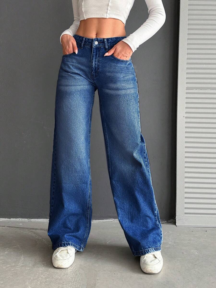 EURMUSE 100% Cotton Low Waist Wide Leg Medium Wash - Dark Wash - View 1