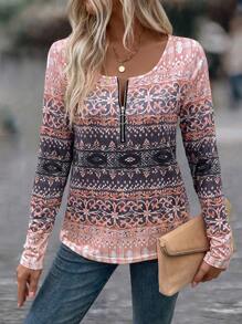 EMERY ROSE 女士印花V领长袖休闲T恤，春夏图案T恤，女士上衣，适合春秋季穿着 - 粉色 - 查看 3