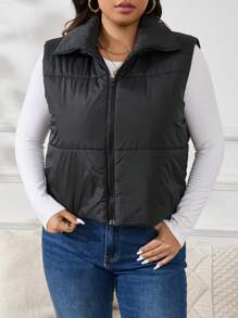 SHEIN Essnce Women's Plus Size Black Padded Coat With Lapel, For Winter Fall Autumn - Black - View 2