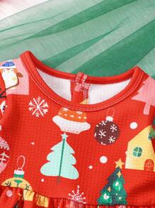 SHEIN Baby Mädchen rotes Lässig Weihnachtskleid mit Feiertagsprint, Herbst/Winter - Verschiedenfarbig - Übersicht 3