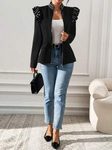 SHEIN Clasi 珍珠缀饰荷叶边肩部前拉链修身夹克，休闲日常穿着
