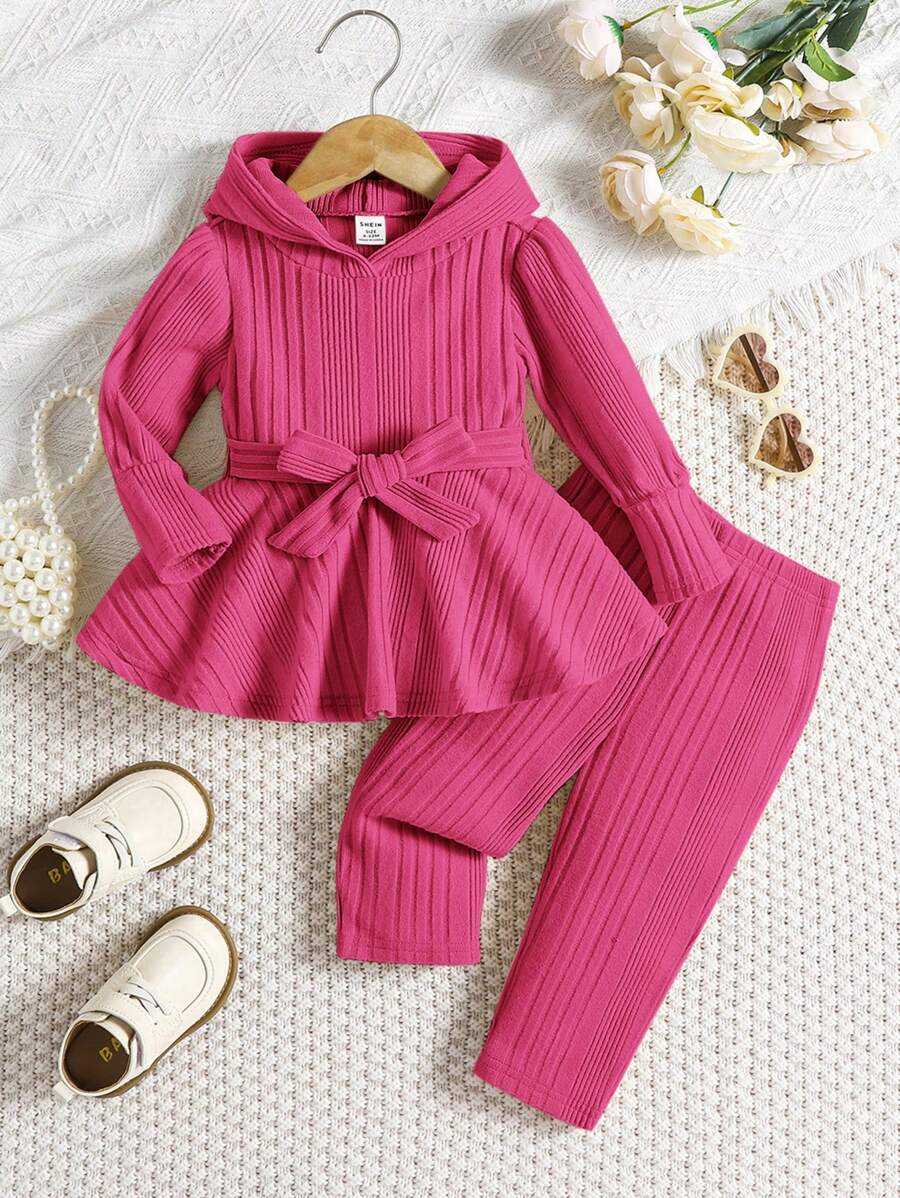 SHEIN Leap Crew 2pcs Baby Girls' Solid Color Simple Knitted Hoodie Sweater And Pants Set, Autumn/Winter - Hot Pink - View 1