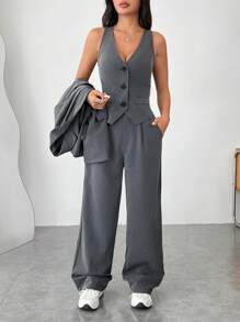 SHEIN EZwear 秋冬女士灰色梭织翻领长袖夹克、单排扣背心和裤子三件套正式西装 - 灰色 - 查看 4