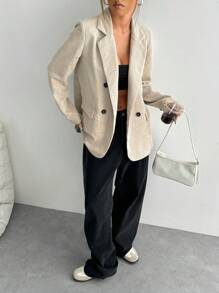 SHEIN Unity French Style Solid Color Double Breasted Long Sleeve Blazer Fall Cloth For Women - Apricot - View 5