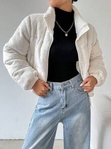 Muchica 女士纯色加绒加厚立领长袖休闲棉服外套 - 米色 - 查看 3