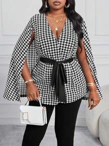 SHEIN Lady Áo khoác công sở thanh lịch mùa thu đông cổ chữ V đan họa tiết răng sói đen trắng tay dài có thắt lưng cỡ lớn - Đen và trắng - Xem 2