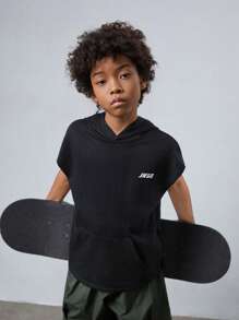 SHEIN Áo ba lỗ dệt kim có mũ trùm đầu có in chữ mùa hè của Tween Boys - màu đen - Xem 3