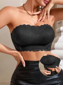 1 件女士对比色蕾丝扇贝边侧扣装饰无钢圈文胸内衣