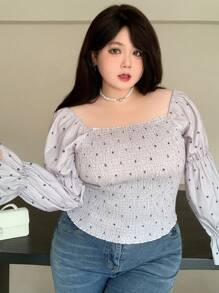 Dazy Plus 大码印花修身方领衬衫，荷叶边，秋季服装图案T恤 - 灰色 - 查看 4