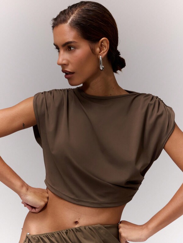 MUSERA Slash Neck Ruched Drape Crop Top Vacation Casual Spring Summer