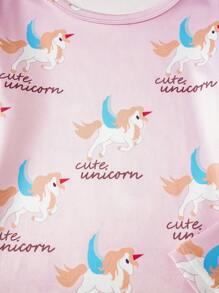 2pcs Young Girls Simple Pink Flying Horse Print Snug Fit Long Sleeve Top And Pants Homewear Set